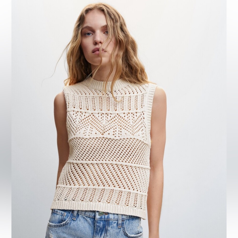 MNG Mango Openwork Crochet Knit Cotton Top Sleeveless High Neck Ivory L XL NWT